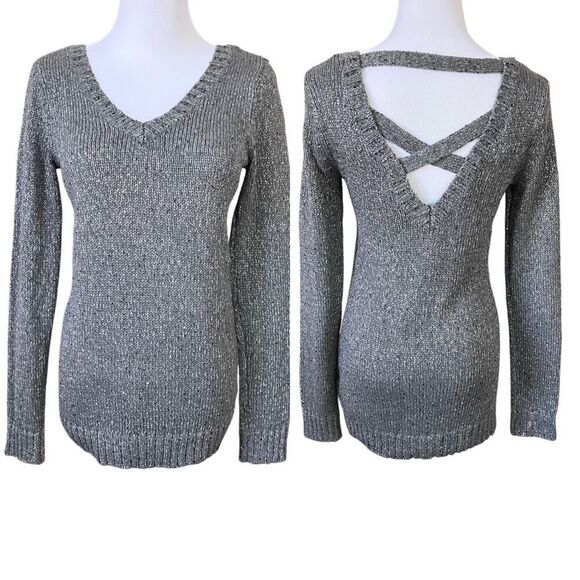 Guess Quinn Gray Criss Cross Back Sequin Sweater SMALL Casual Sparkle Designer - Picture 1 of 11